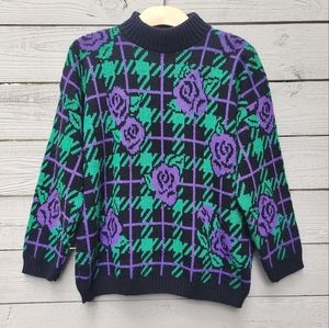 Vintage 80s Adele Knitwear Metallic Rose Floral Sweater